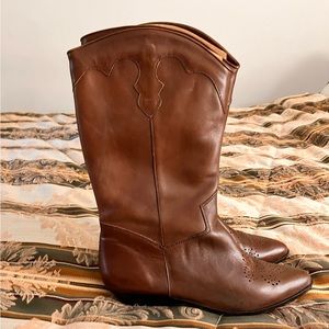 Brown leather cowgirl equestrian short heeled boots